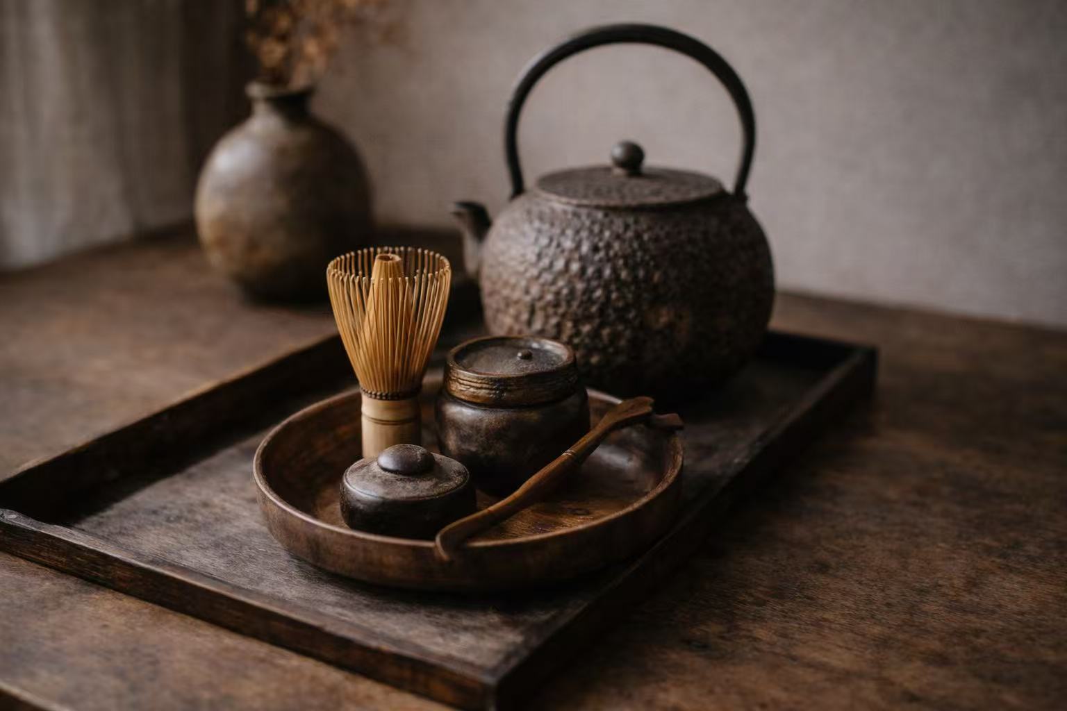Japanese tea utensils arranged on a wooden table