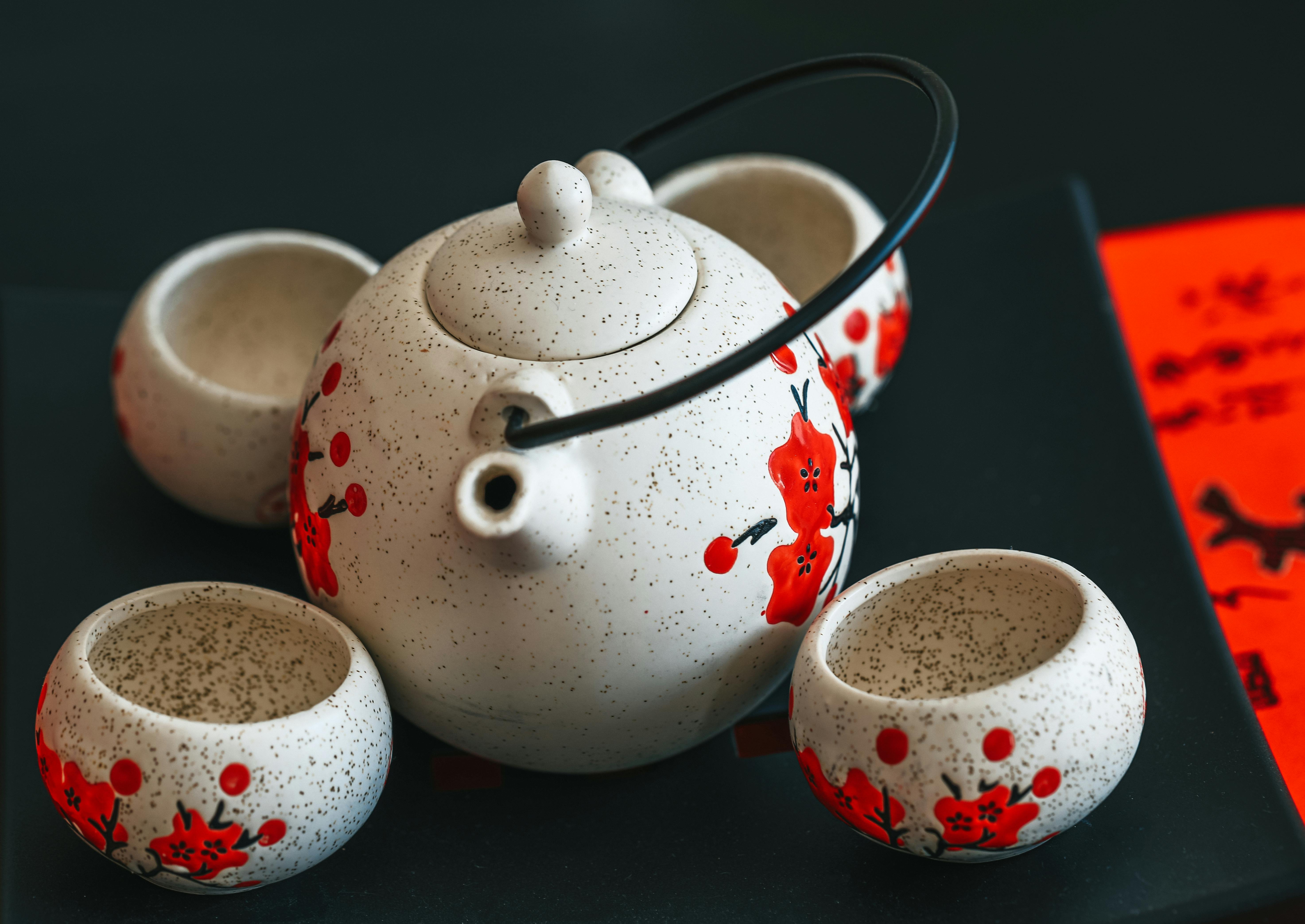 Japanese teapot and cups with red floral decoration
